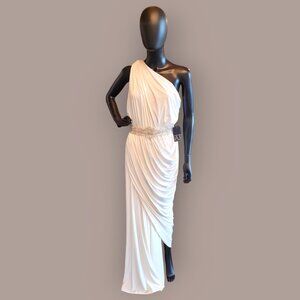 Ivory Jersey One Shoulder Grecian Goddess Formal Dress - Pia Gladys Perey